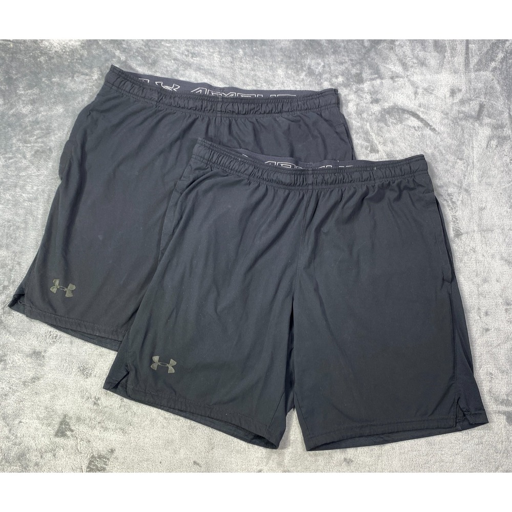 Lot Of 2 Under Armour Shorts Mens Large Athletic Black Fitted Heat Gear Gym Wick